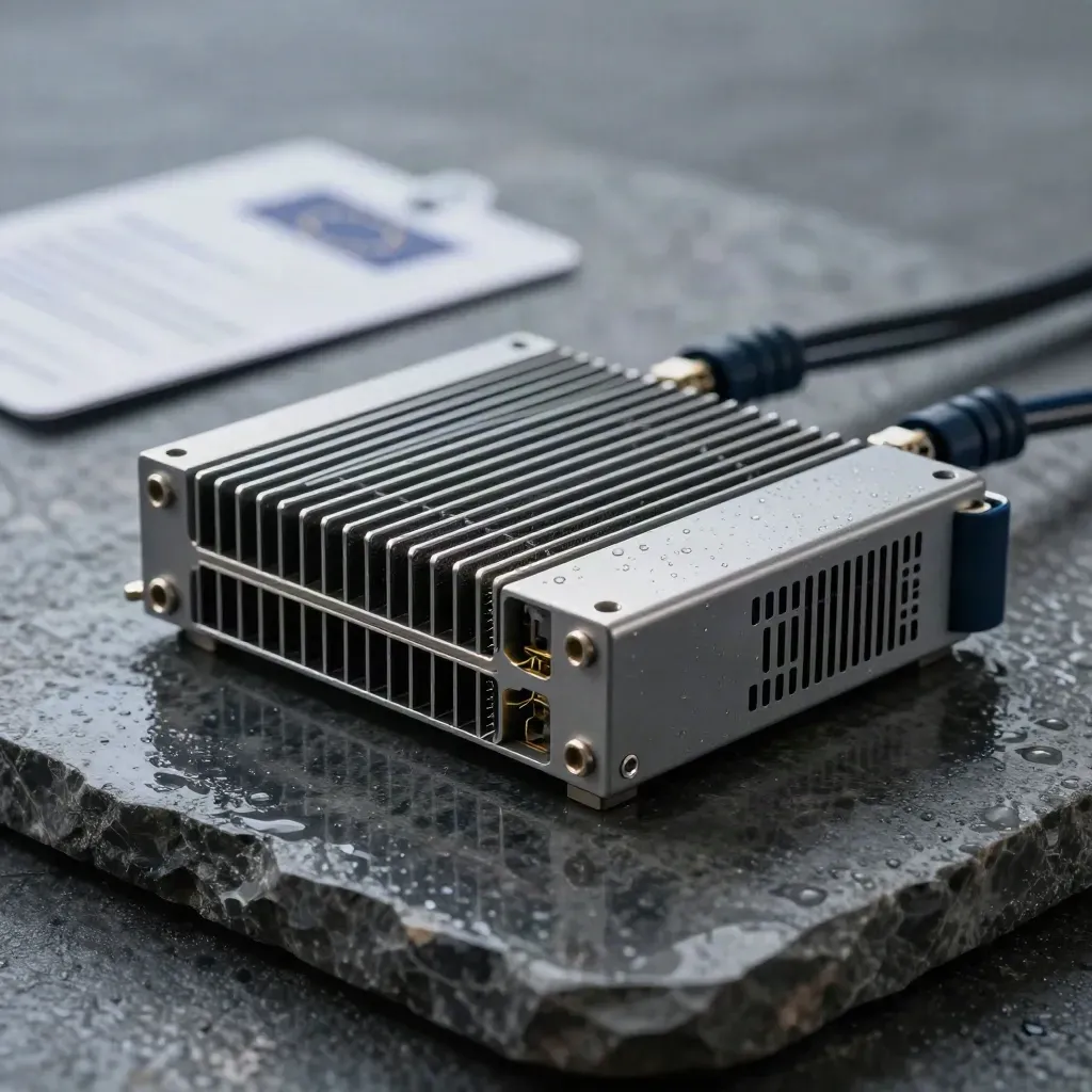Wet datacenter proxy blade on stone with fiber leads and moody navy accents
