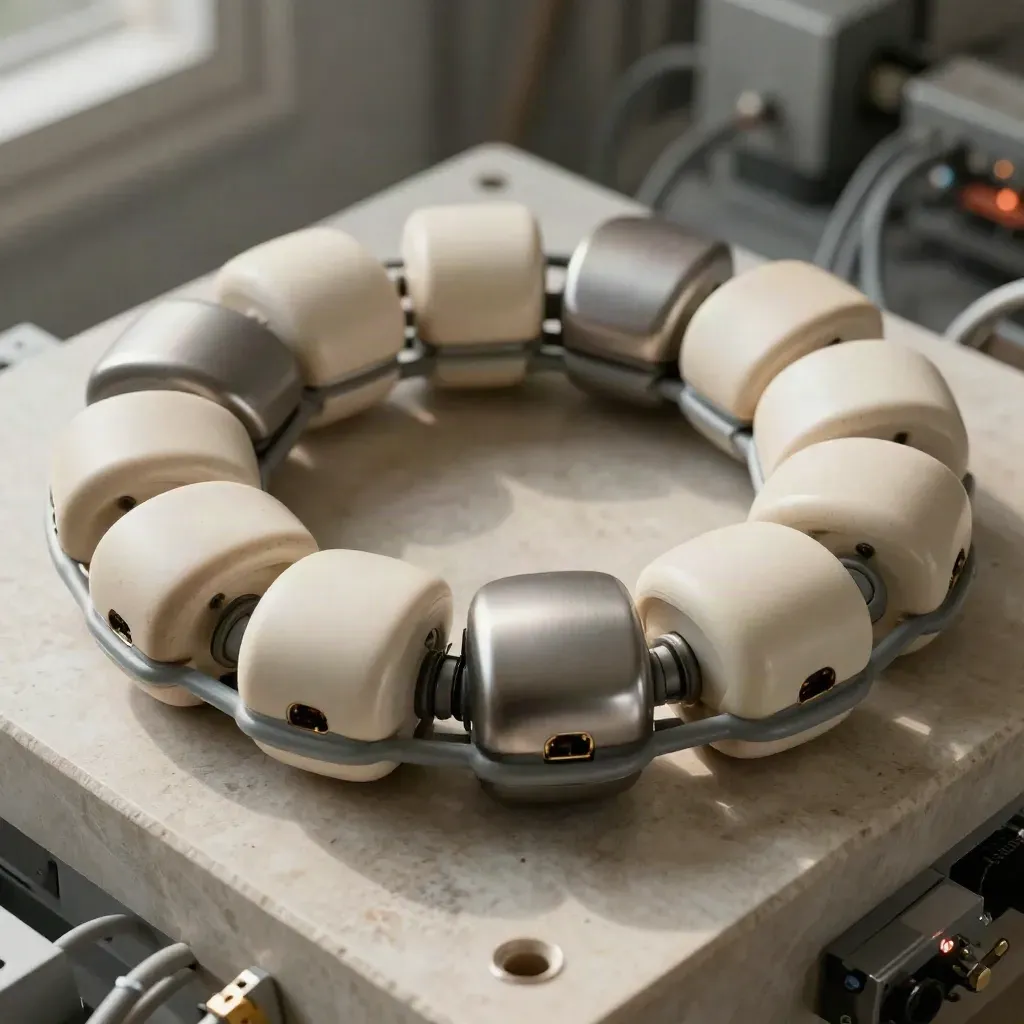 Proxy pod ring on a stone plinth with halo cable and blurred server aisle in soft daylight.