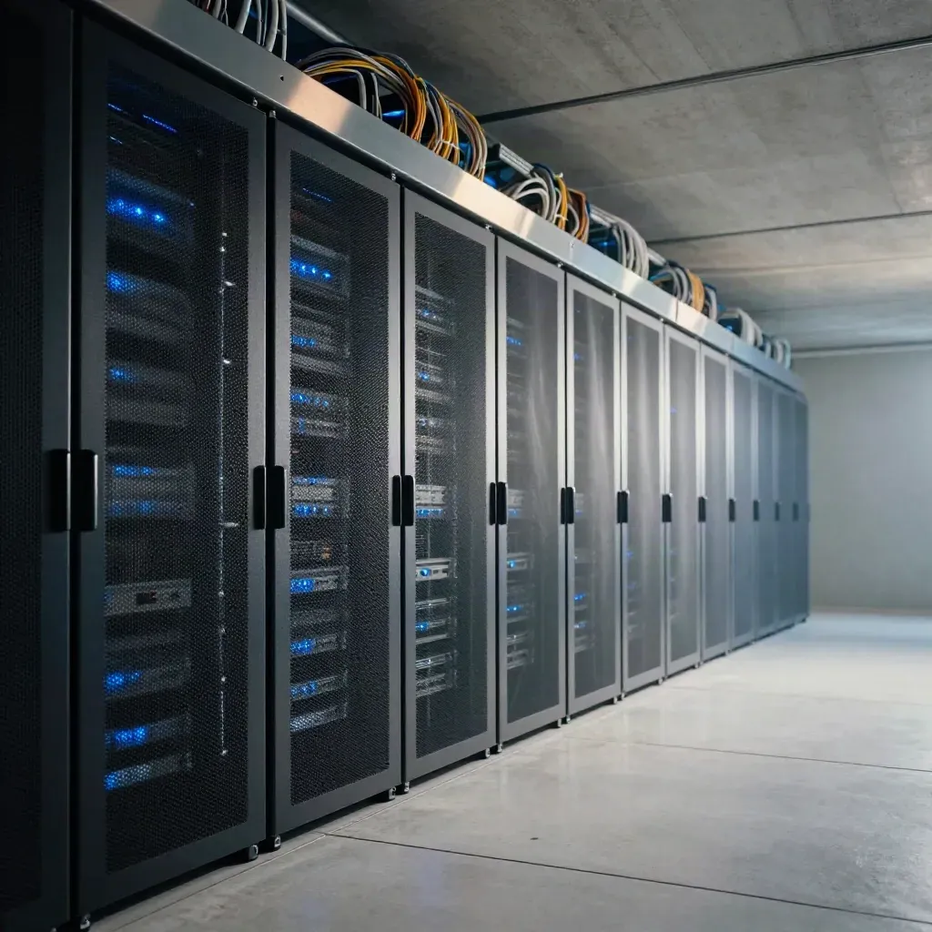 Brushed concrete data corridor with server hardware, cool haze, and blue reflections high in frame